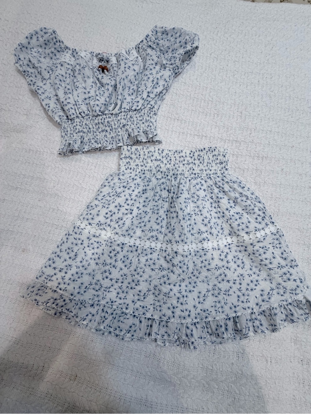Girls Light Blue Floral Smocked Top & Skirt Set